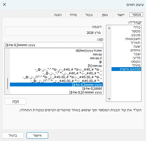 החלון עיצוב תאים באקסל 365: הקטגוריה מותאם אישית, והקוד שמציג את שם החודש בעברית ואת השנה