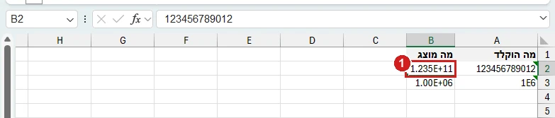 מספר גדול בעמודה צרה באקסל 365: 123456789012 מוצג כ‑1.235E+11, ו‑1E6 מוצג כ‑1.00E+06