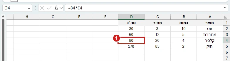 העתקת נוסחה באקסל 365: הנוסחה הועתקה לשורה 4 והפכה לבד ל‑B4*C4, התוצאה 80