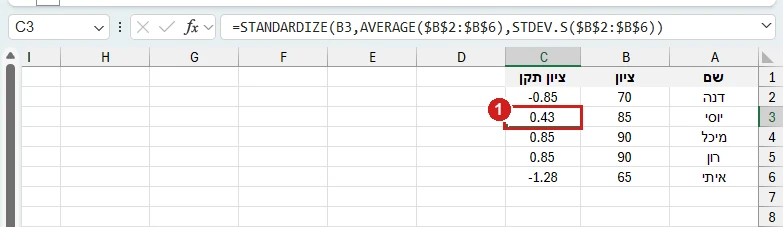 STANDARDIZE באקסל 365: ציון התקן של כל תלמיד, מ‑1.28 מתחת לממוצע עד 0.85 מעליו