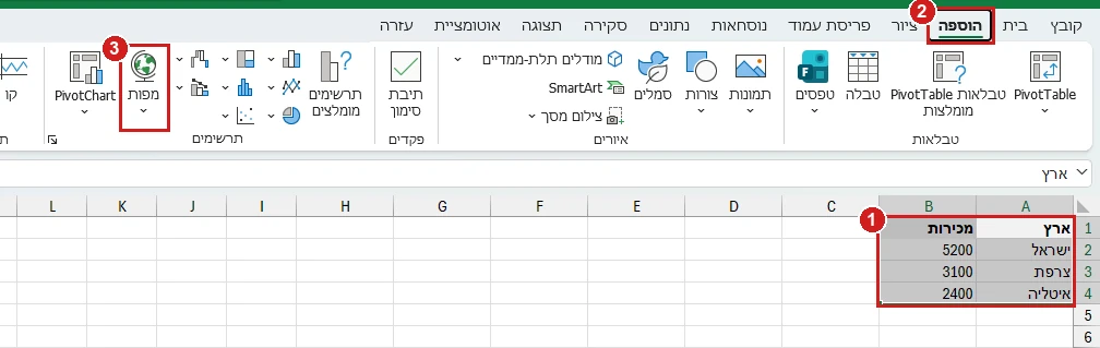 הדרך למפה באקסל 365: הטבלה עם שמות הארצות והמכירות מסומנת, הכרטיסייה הוספה והלחצן מפות