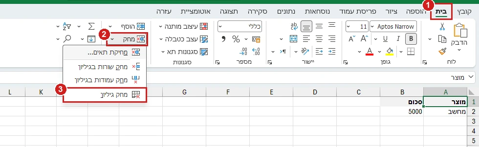 הכרטיסייה בית באקסל 365: התפריט של מחק, עם מחיקת תאים, מחק שורות בגיליון, מחק עמודות בגיליון ומחק גיליון