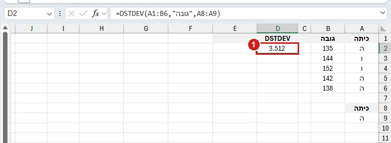DSTDEV באקסל 365: טבלת כיתה וגובה, ותנאי כיתה ה מתחת לטבלה. סטיית התקן של המדגם 3.512
