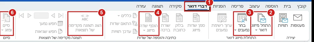 הכרטיסייה דברי דואר בוורד 365: התחל מיזוג דואר, בחר נמענים, הוסף שדה מיזוג, תצוגה מקדימה וסיים ומזג