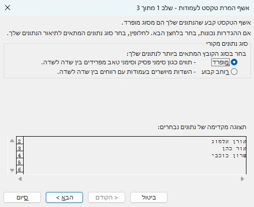 אשף המרת טקסט לעמודות באקסל 365, שלב 1 מתוך 3, עם האפשרות מופרד
