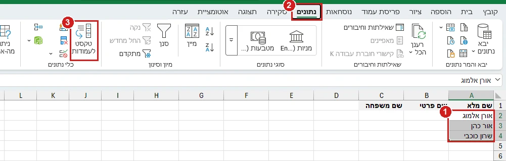 הדרך לטקסט לעמודות באקסל 365: מסמנים את השמות, הכרטיסייה נתונים והלחצן טקסט לעמודות