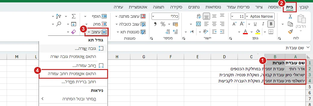 הדרך להתאמת רוחב עמודה באקסל 365: מסמנים את העמודות, בית, עיצוב, והתאם אוטומטית רוחב עמודה
